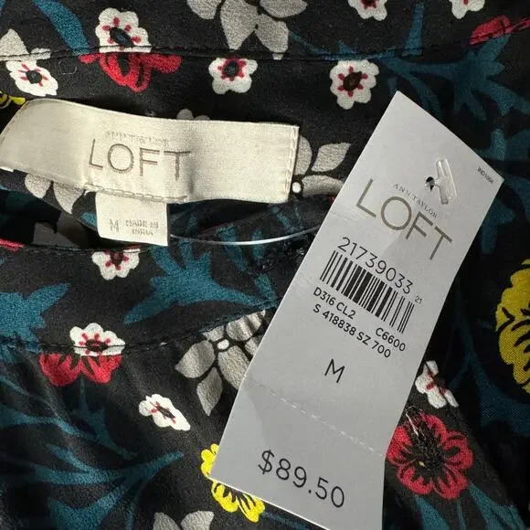 Ann Taylor LOFT Medium Dress Floral Long Sleeve Partial Button Thin Belt Black - Picture 7 of 8